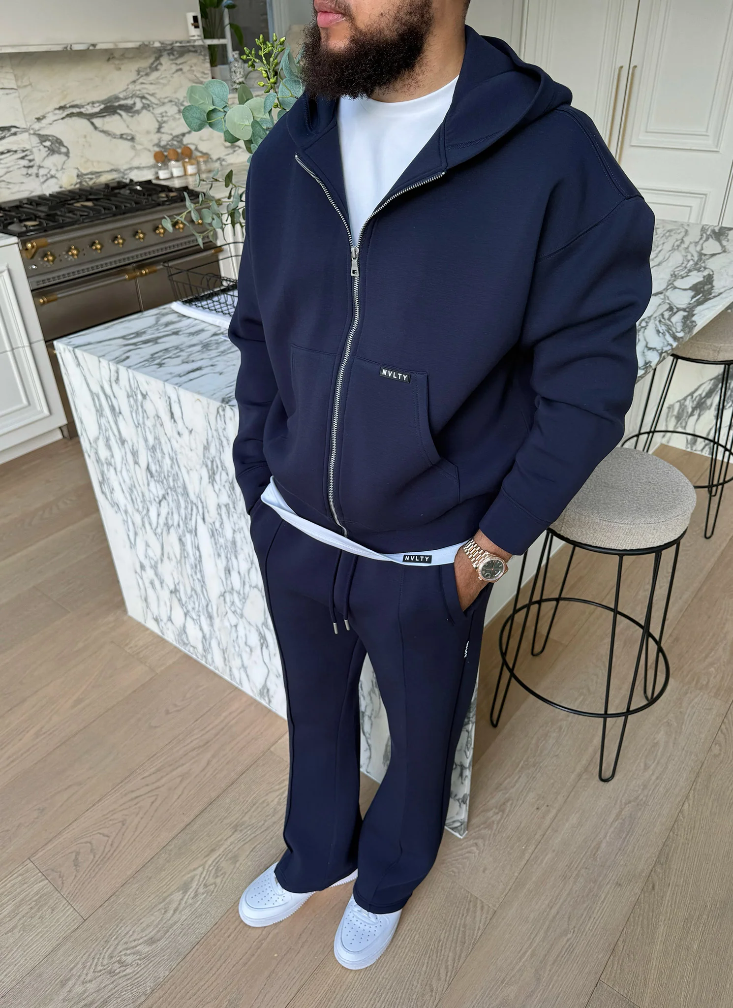 Scuba Structured Flare Pleat Joggers - Navy - Image 10