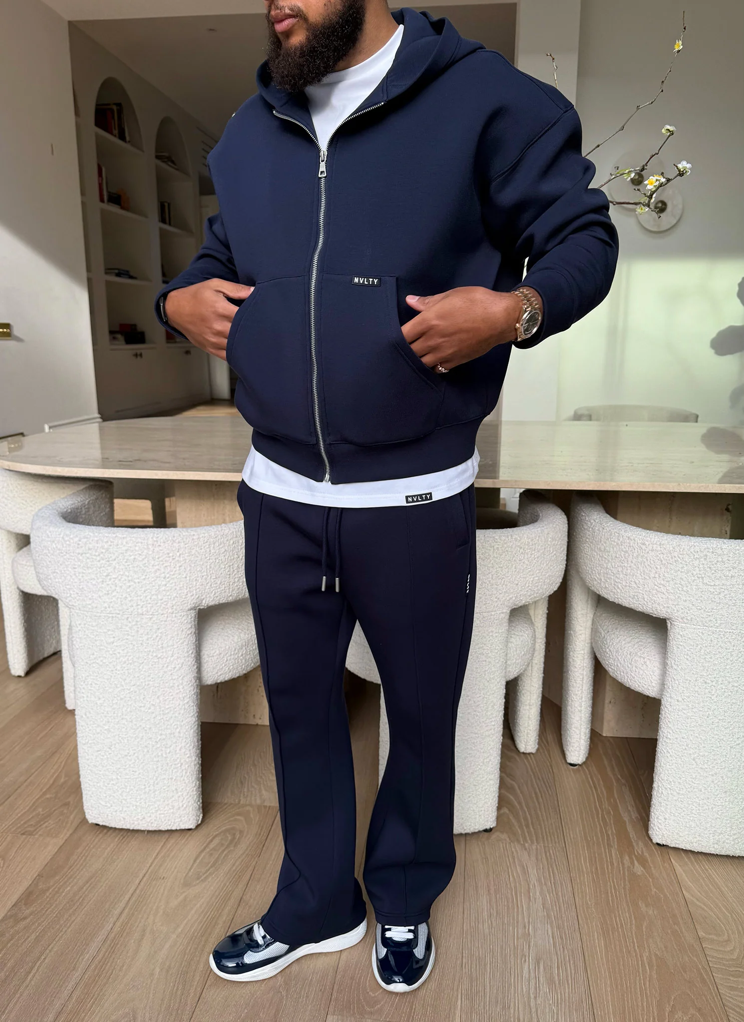 Scuba Structured Flare Pleat Joggers - Navy - Image 13