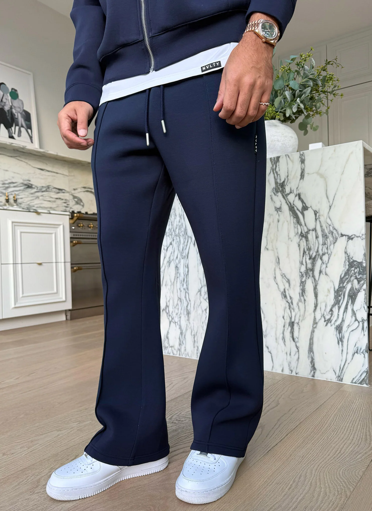 Scuba Structured Flare Pleat Joggers - Navy - Image 2