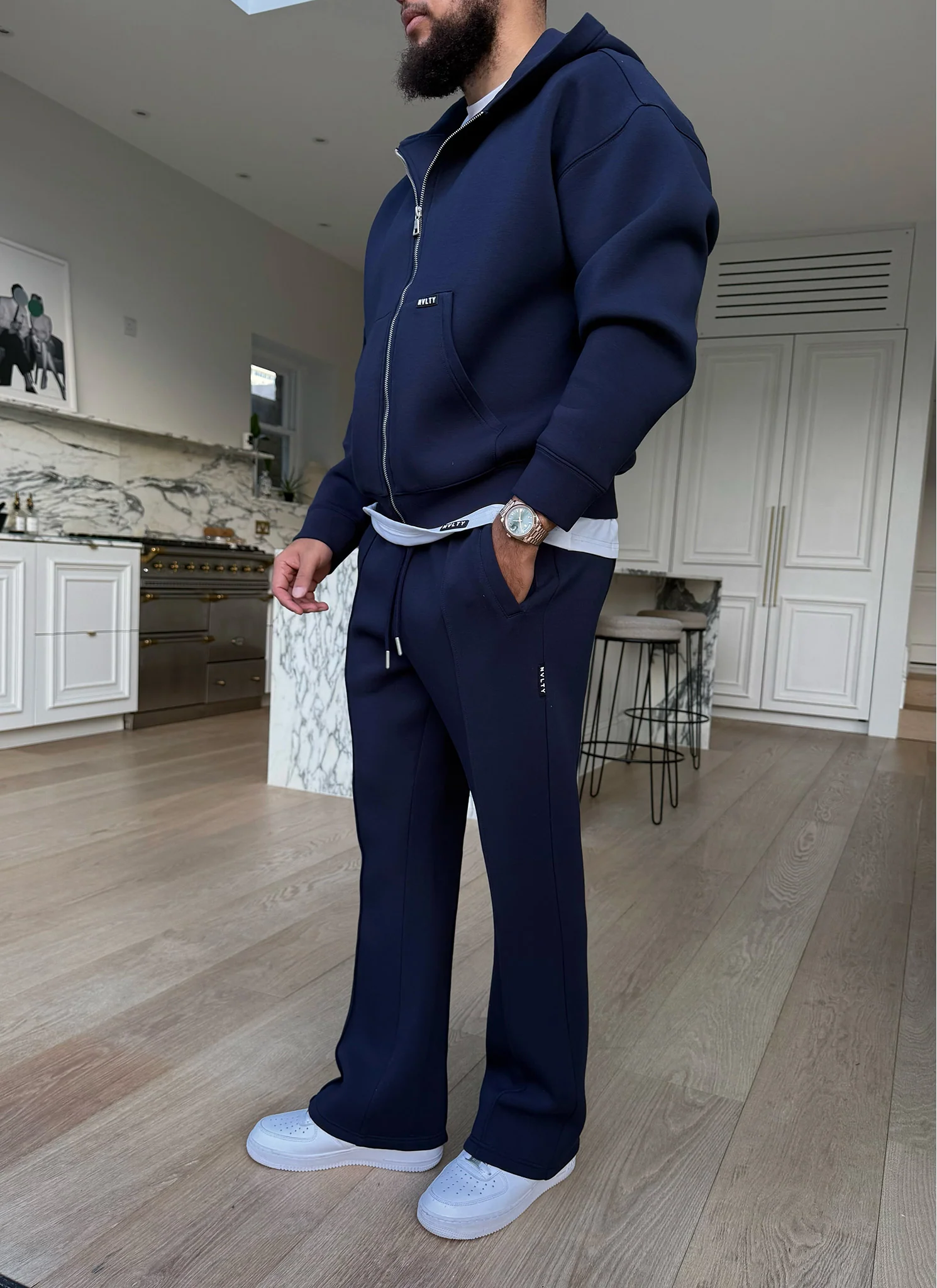 Scuba Structured Flare Pleat Joggers - Navy - Image 8