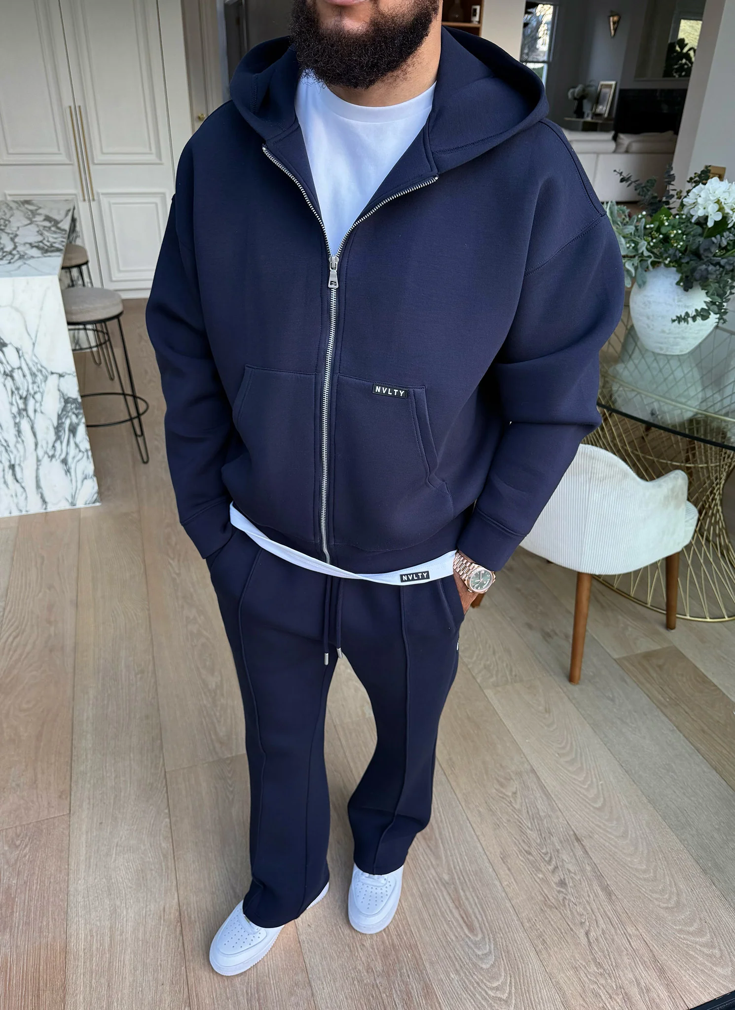Scuba Structured Flare Pleat Joggers - Navy - Image 9