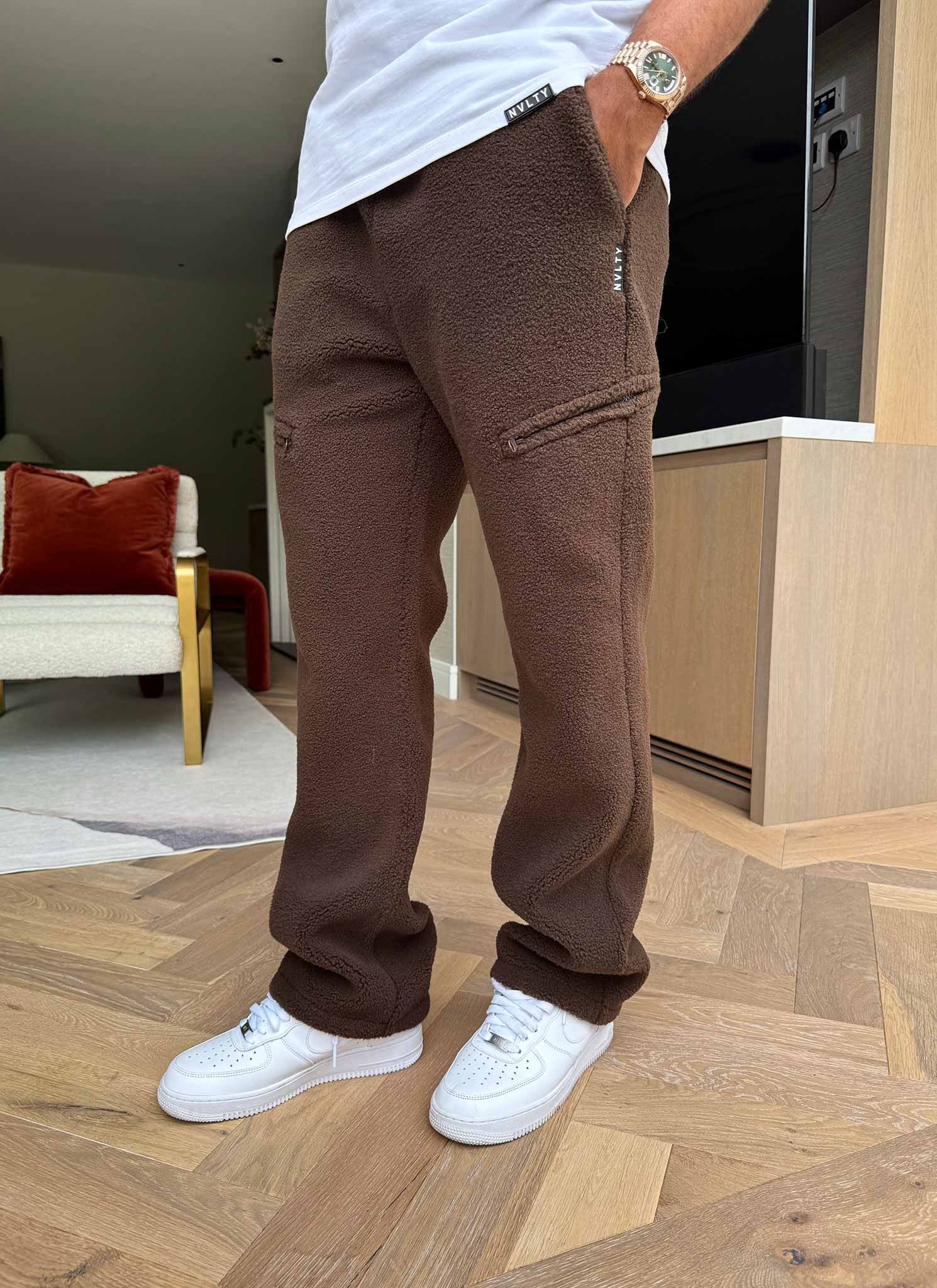 Sherpa Zip Joggers - Brown - Image 3