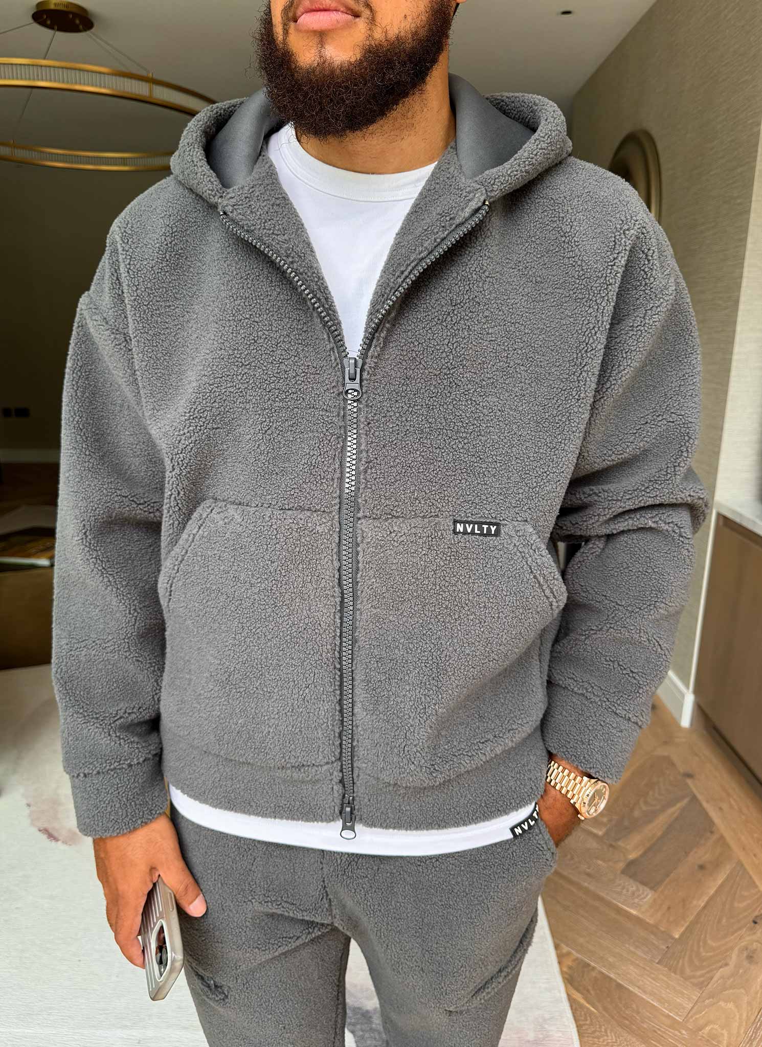 Sherpa Zip Hoodie - Grey - Image 6