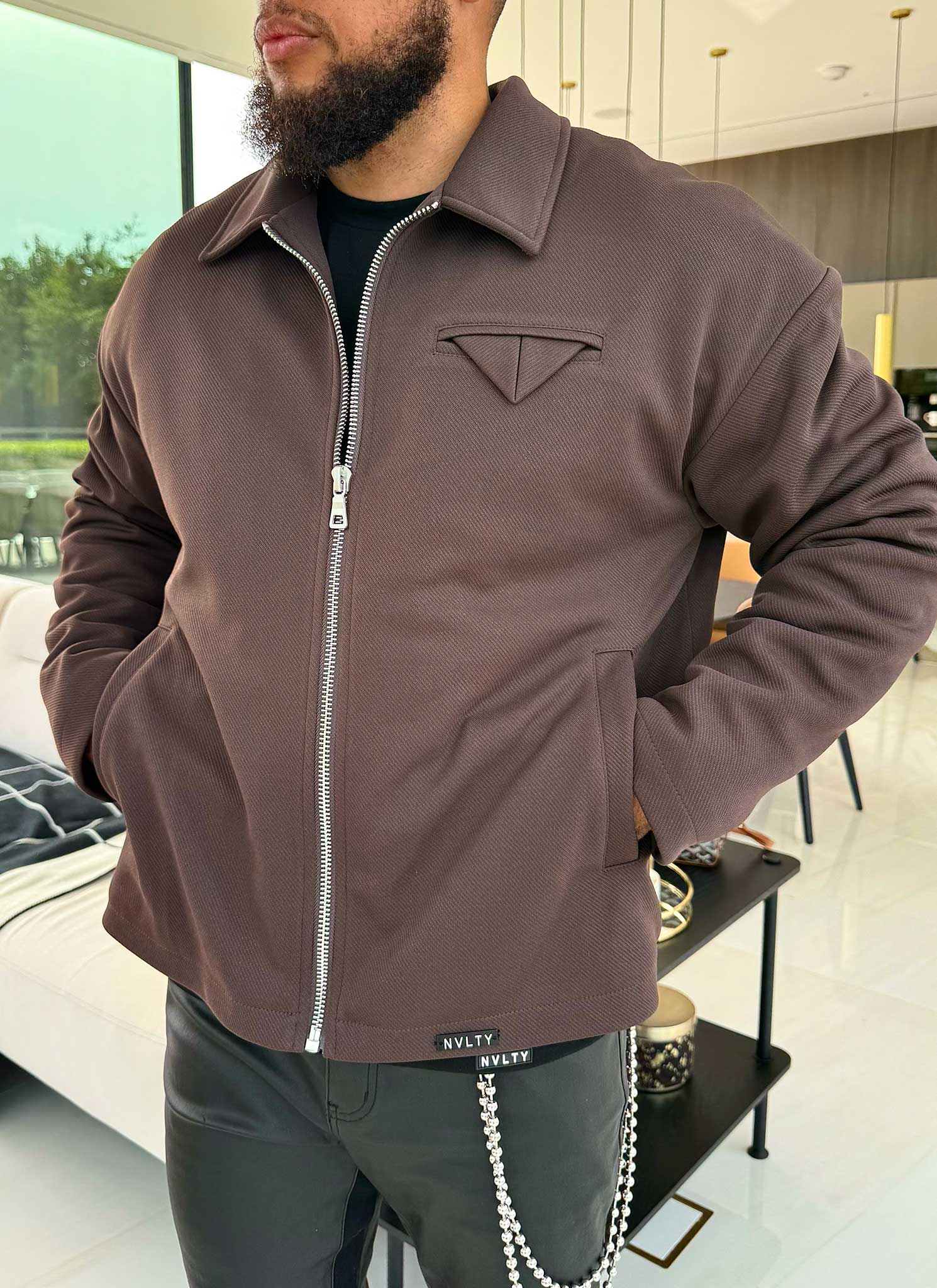 Twill Pocket Square Jacket - Brown - Image 6