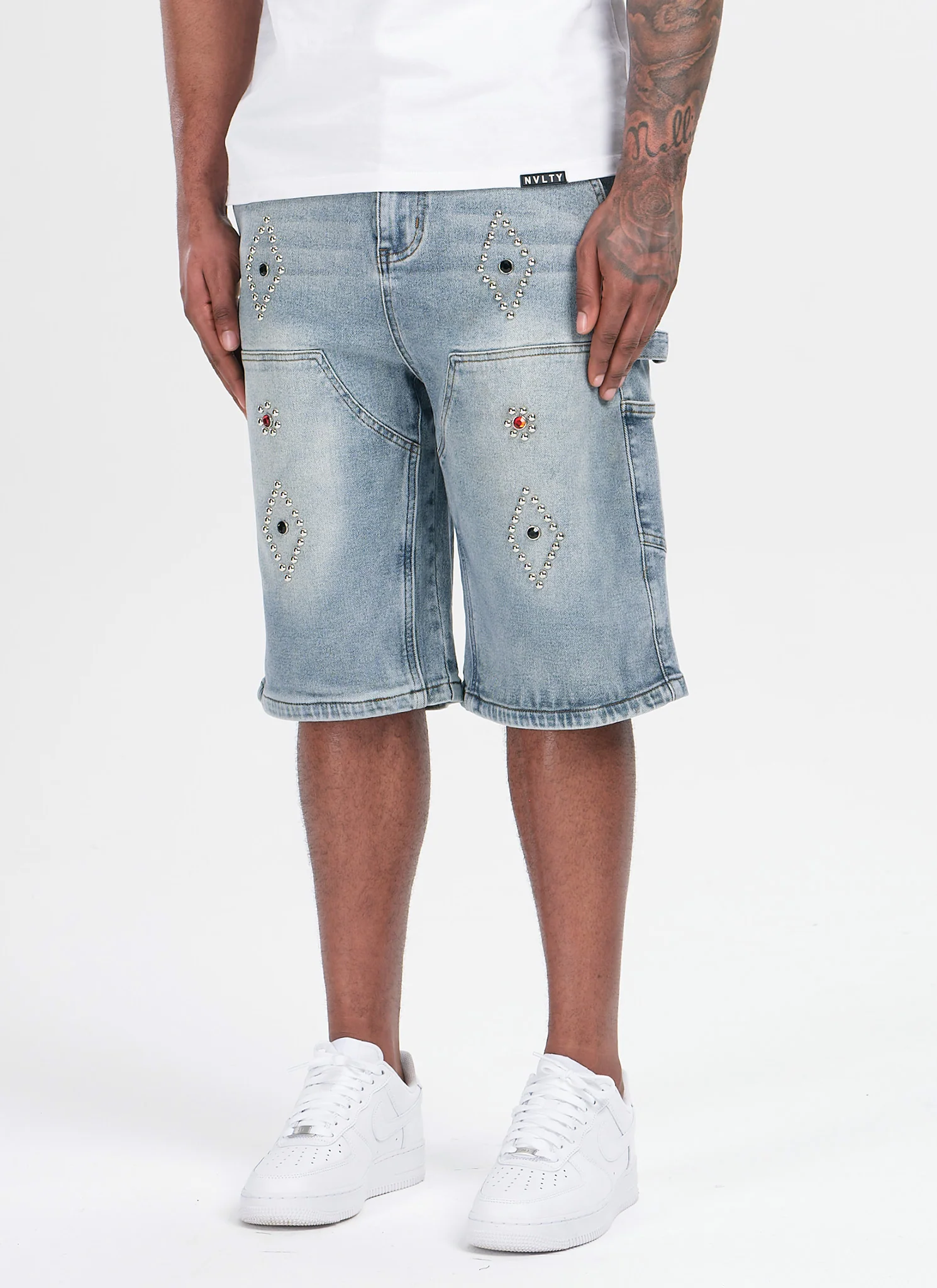 Vintage Carpenter Studded Denim Shorts - Blue - Image 3