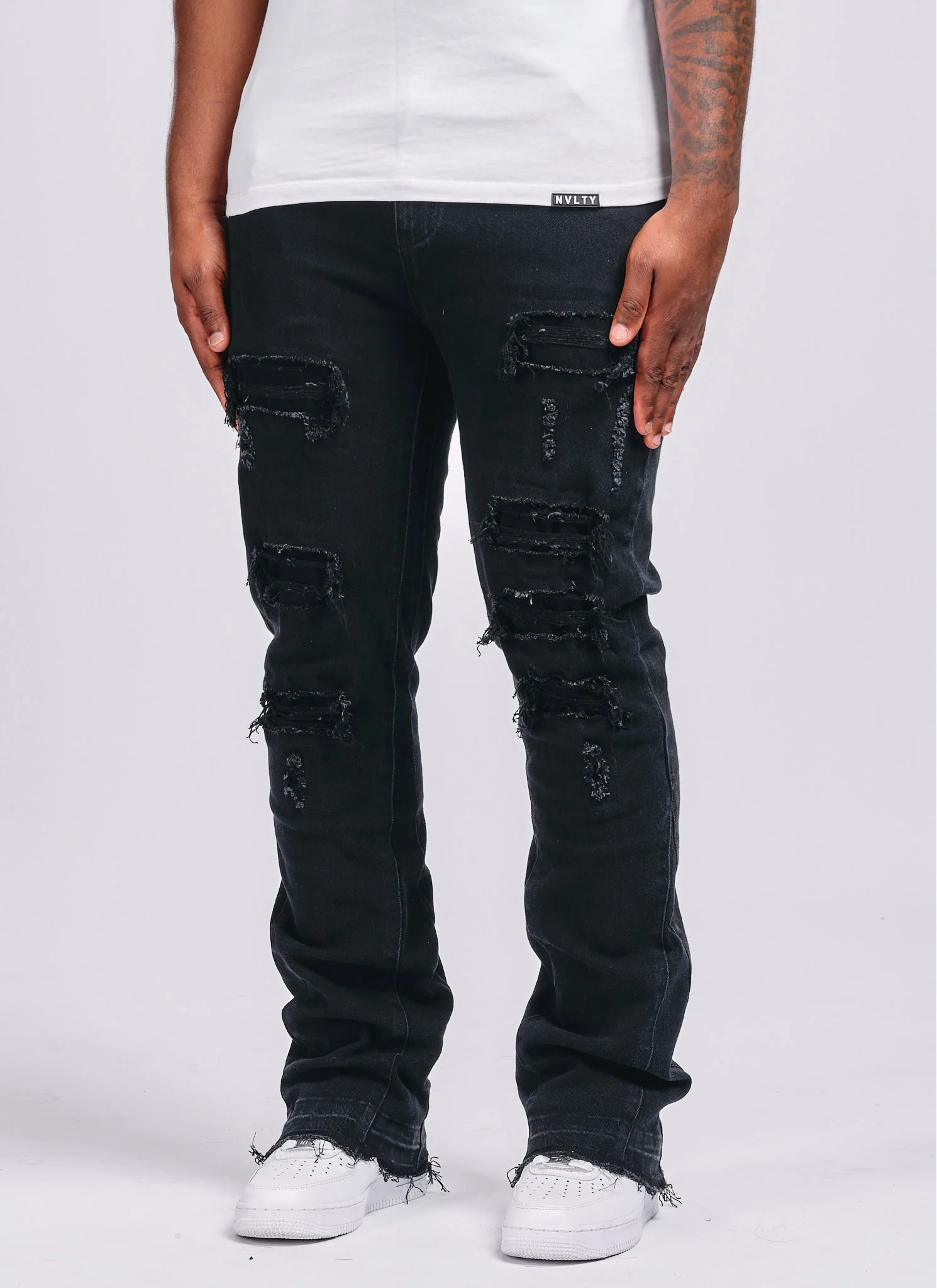 Vintage Flare Ripped & Repaired Jeans - Black - Image 3