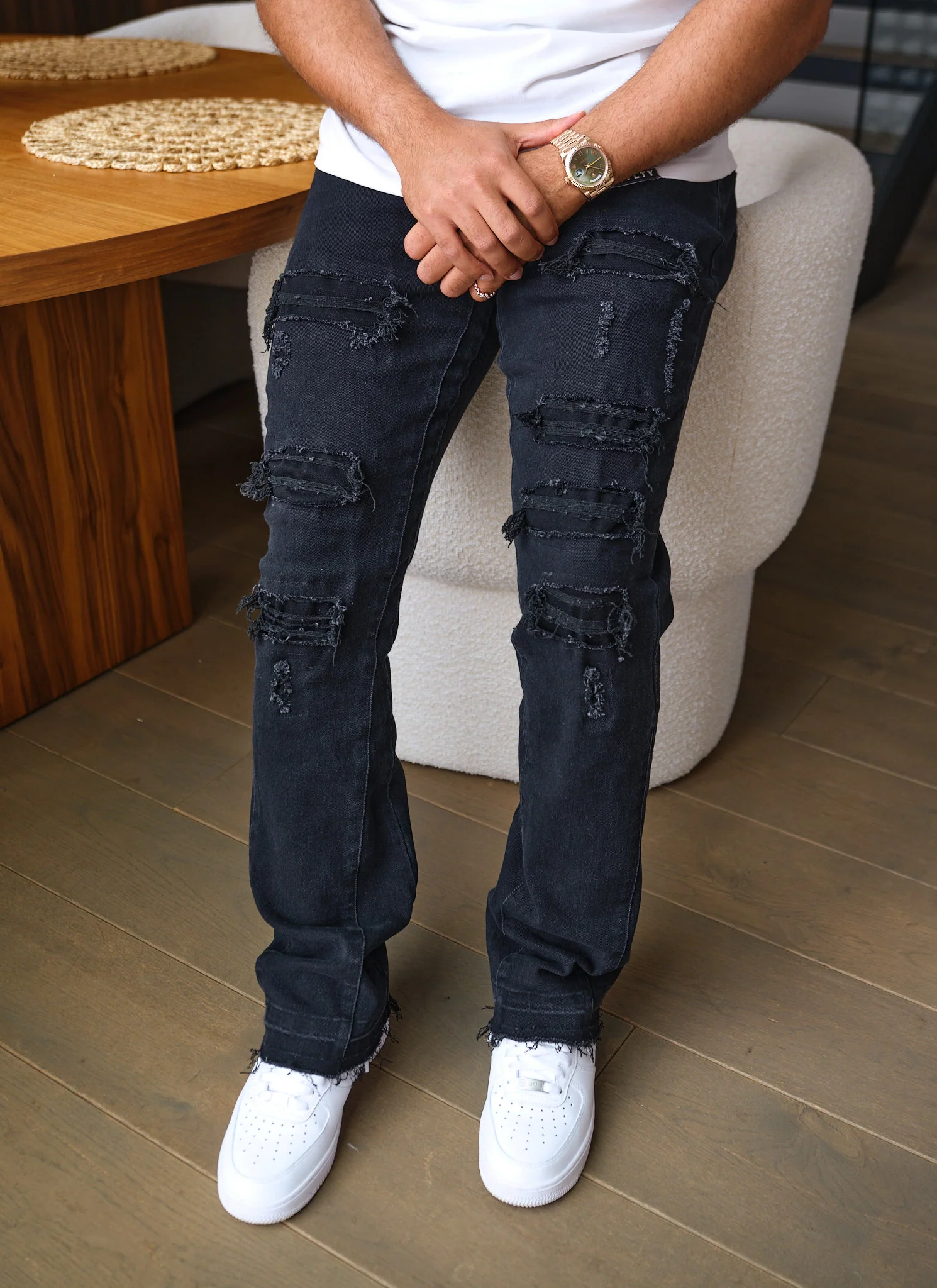 Vintage Flare Ripped & Repaired Jeans - Black - Image 4