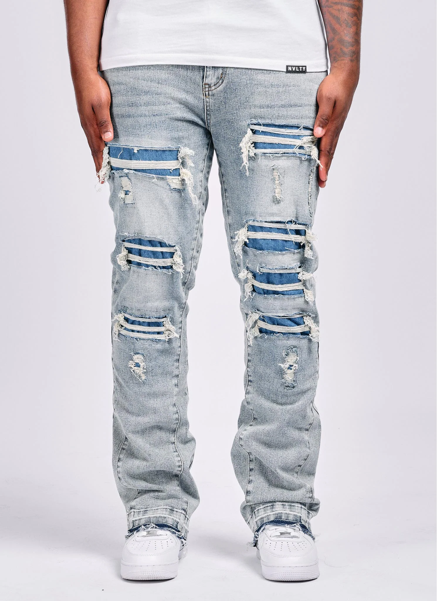 Vintage Flare Ripped & Repaired Jeans - Blue
