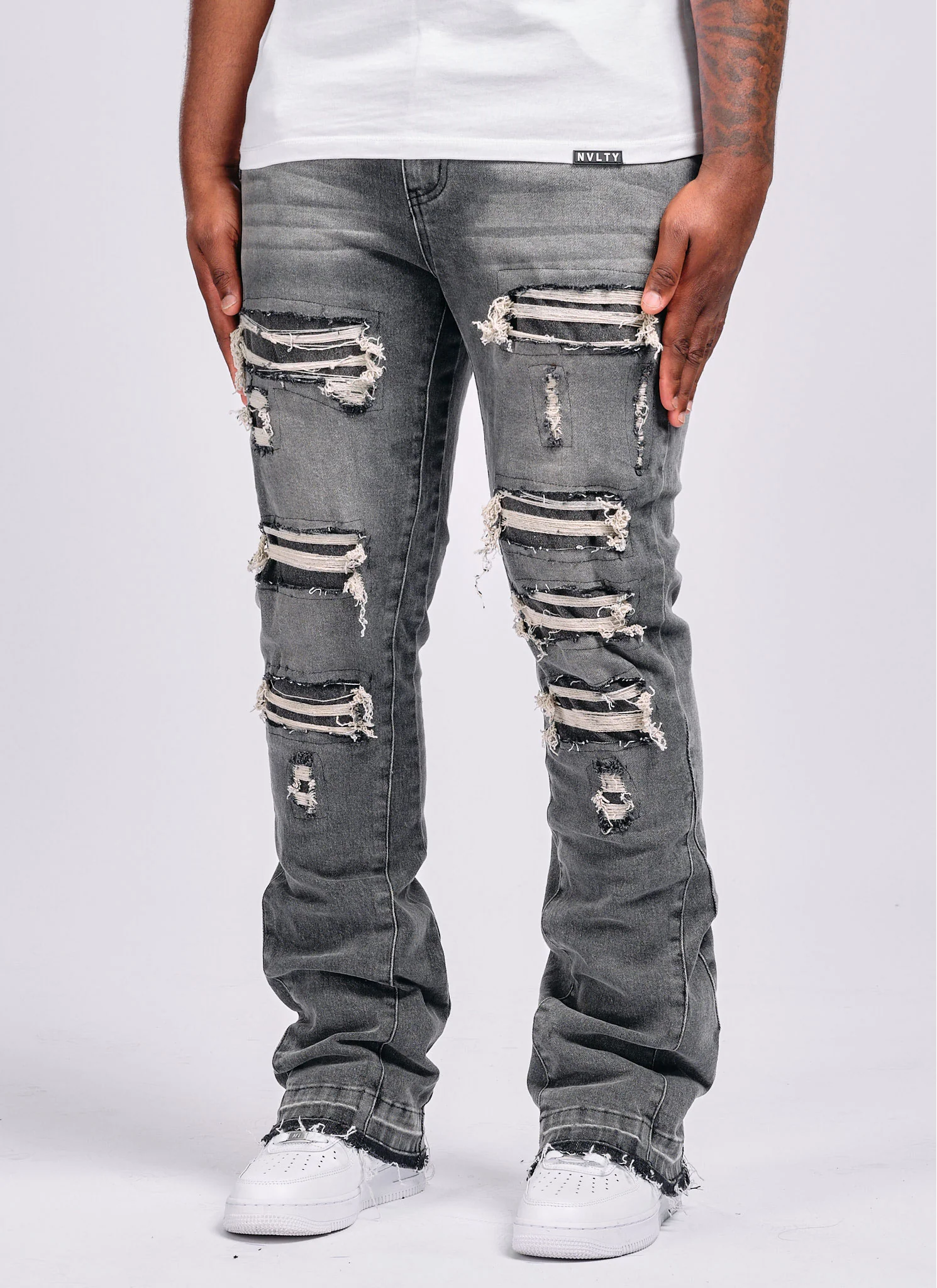 Vintage Flare Ripped & Repaired Jeans - Grey - Image 3