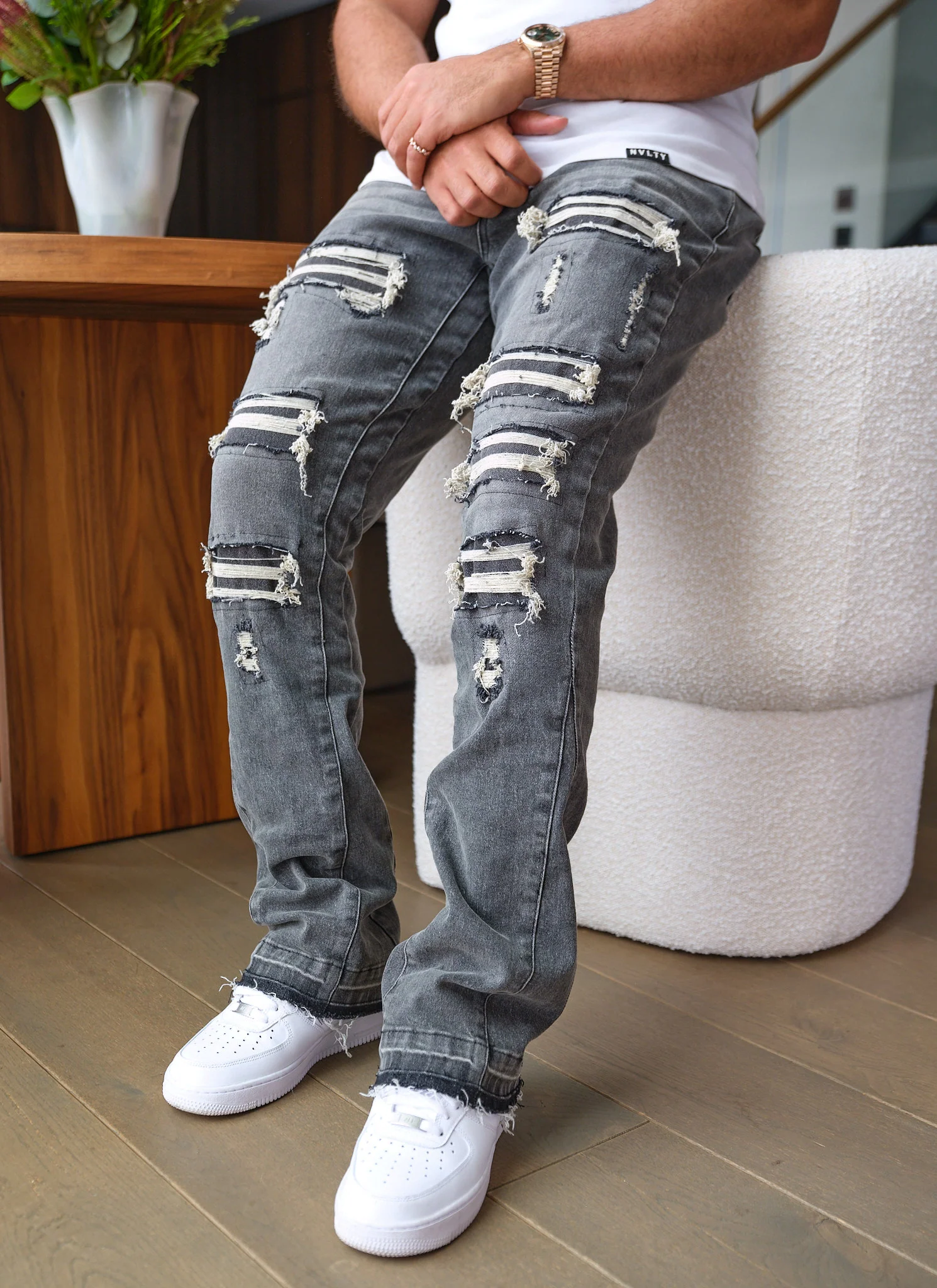 Vintage Flare Ripped & Repaired Jeans - Grey - Image 6
