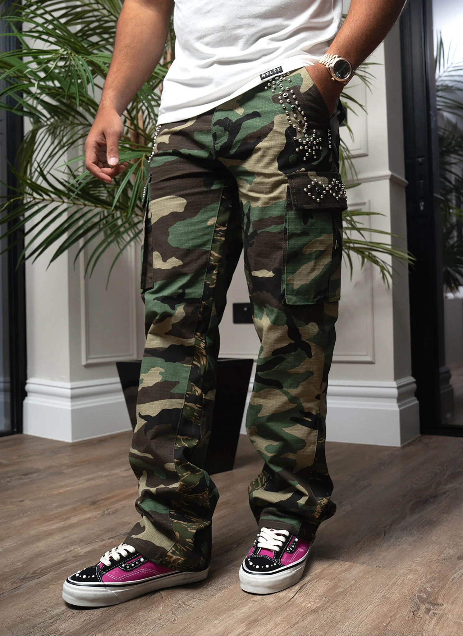 Vintage Flare Studded Cargos - Camo - Image 8