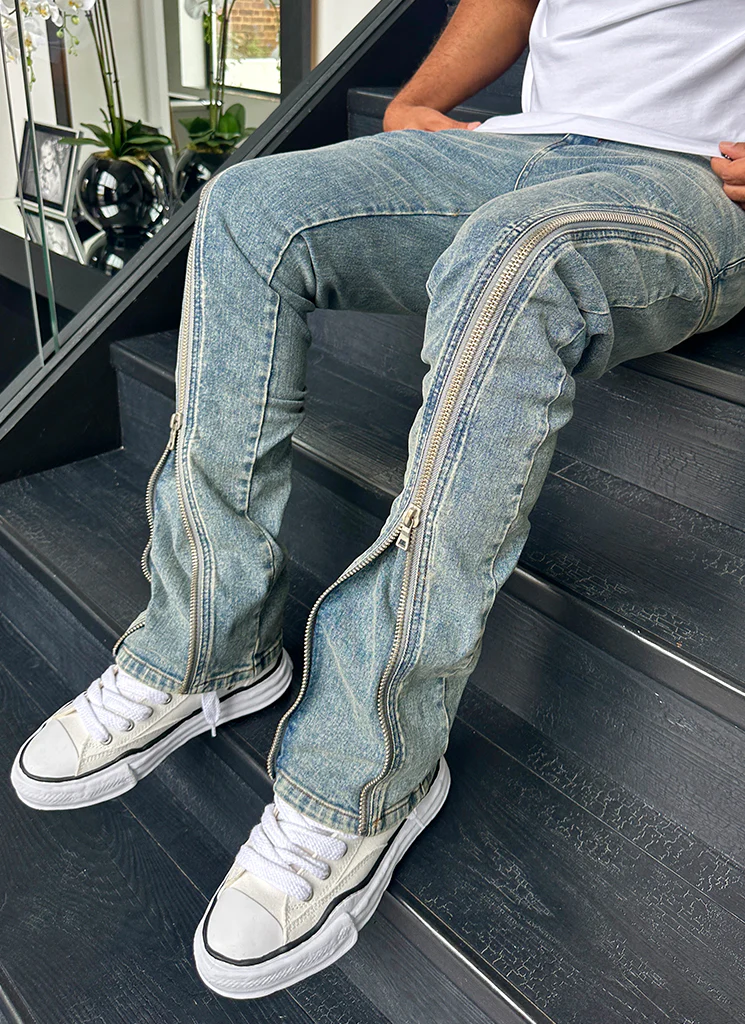 Vintage Flare Zipper Jeans - Blue - Image 15