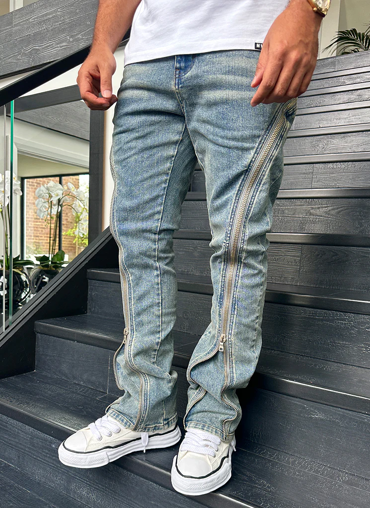 Vintage Flare Zipper Jeans - Blue - Image 3