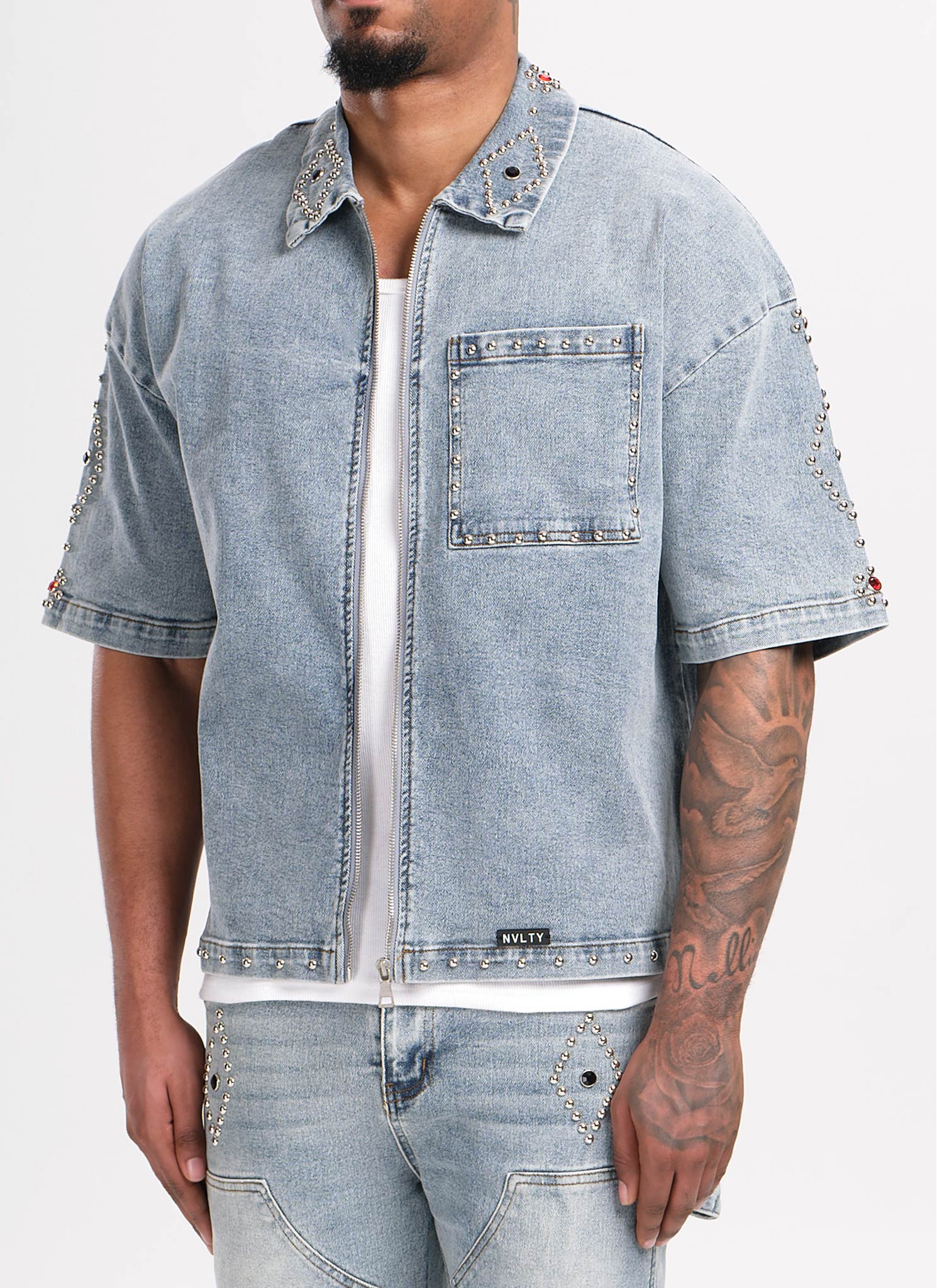 Vintage Studded Denim Shirt - Blue - Image 3