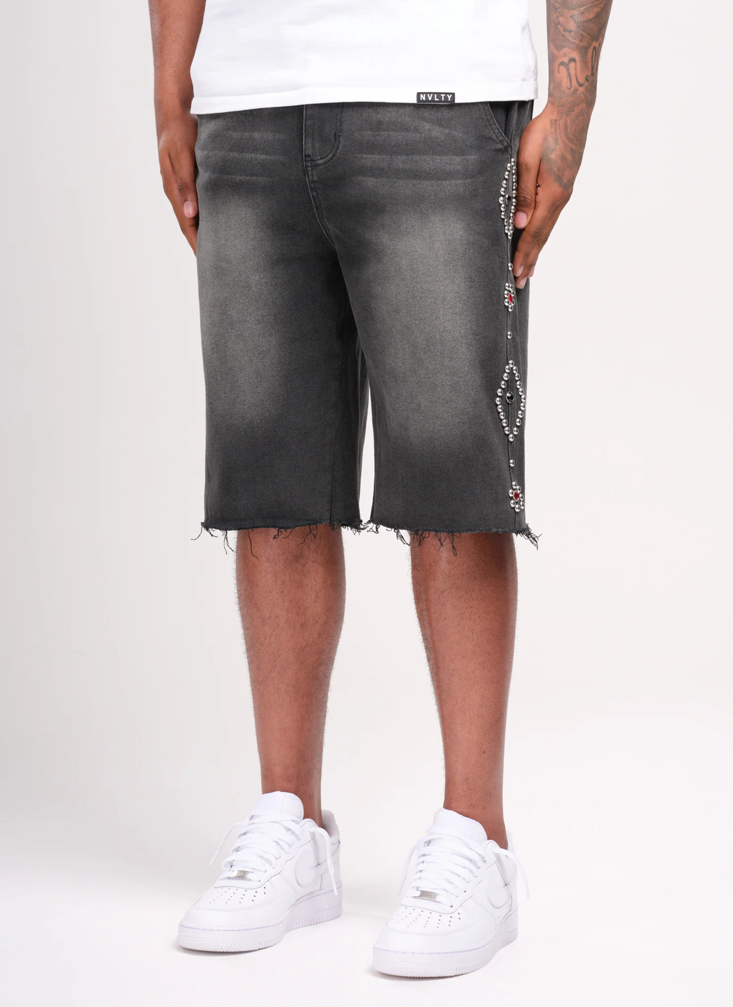 Vintage Studded Denim Shorts - Black - Image 2