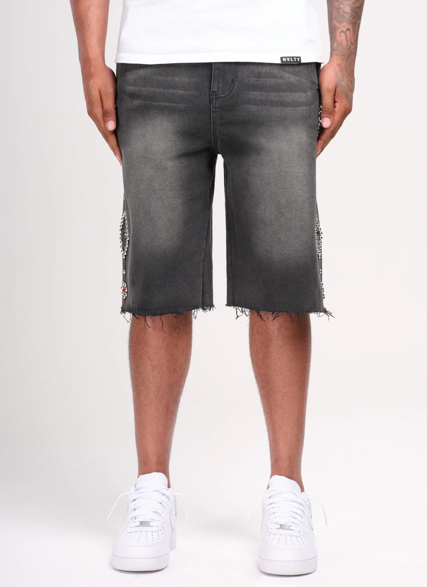 Vintage Studded Denim Shorts - Black - Image 4