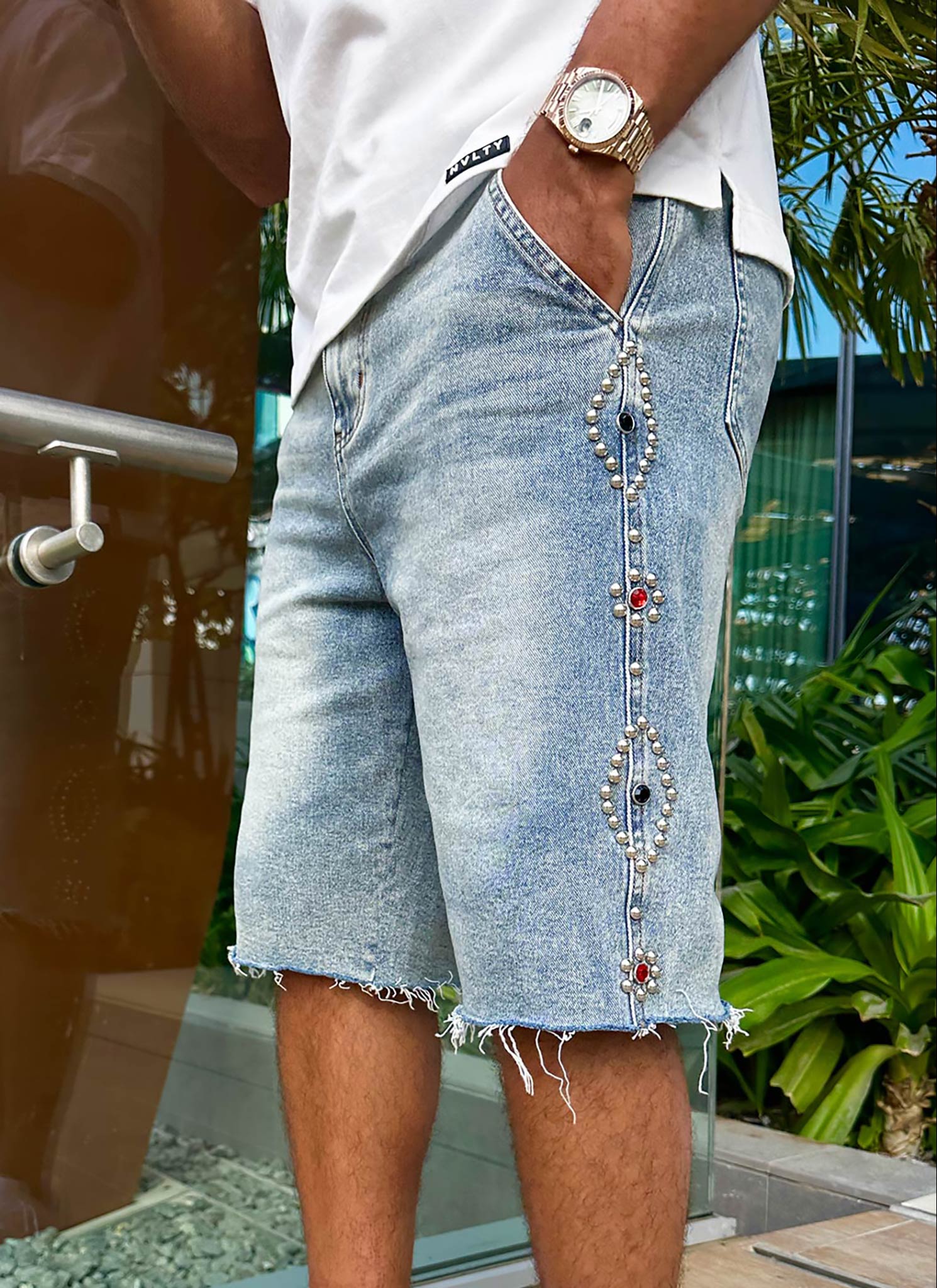 Vintage Studded Denim Shorts - Blue - Image 10
