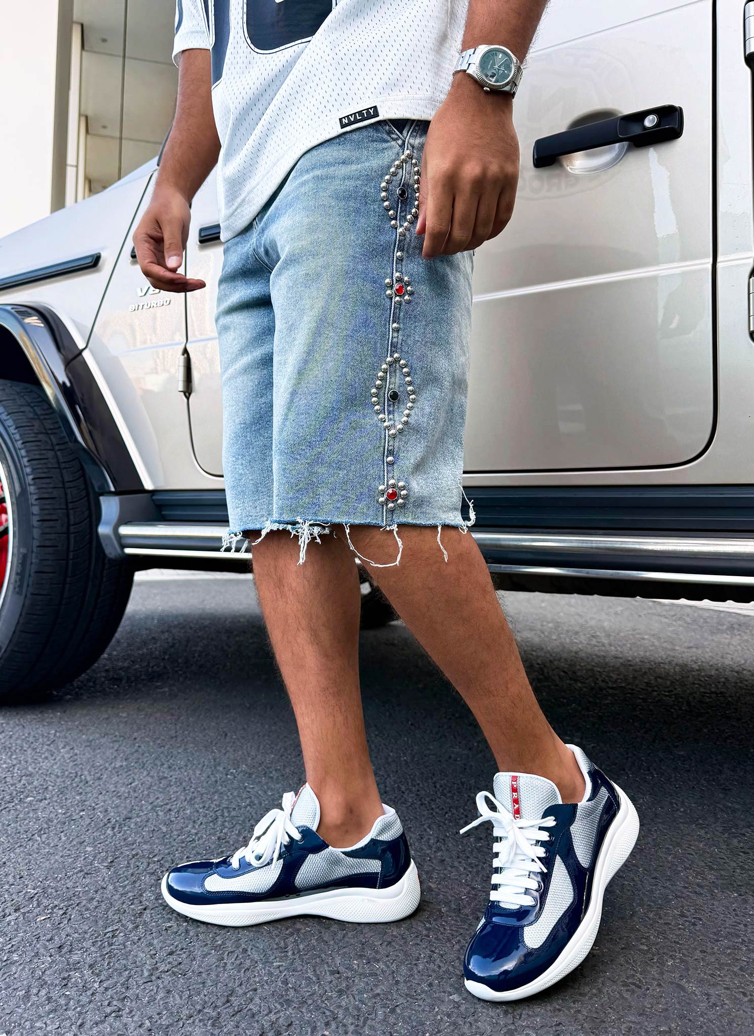 Vintage Studded Denim Shorts - Blue - Image 5