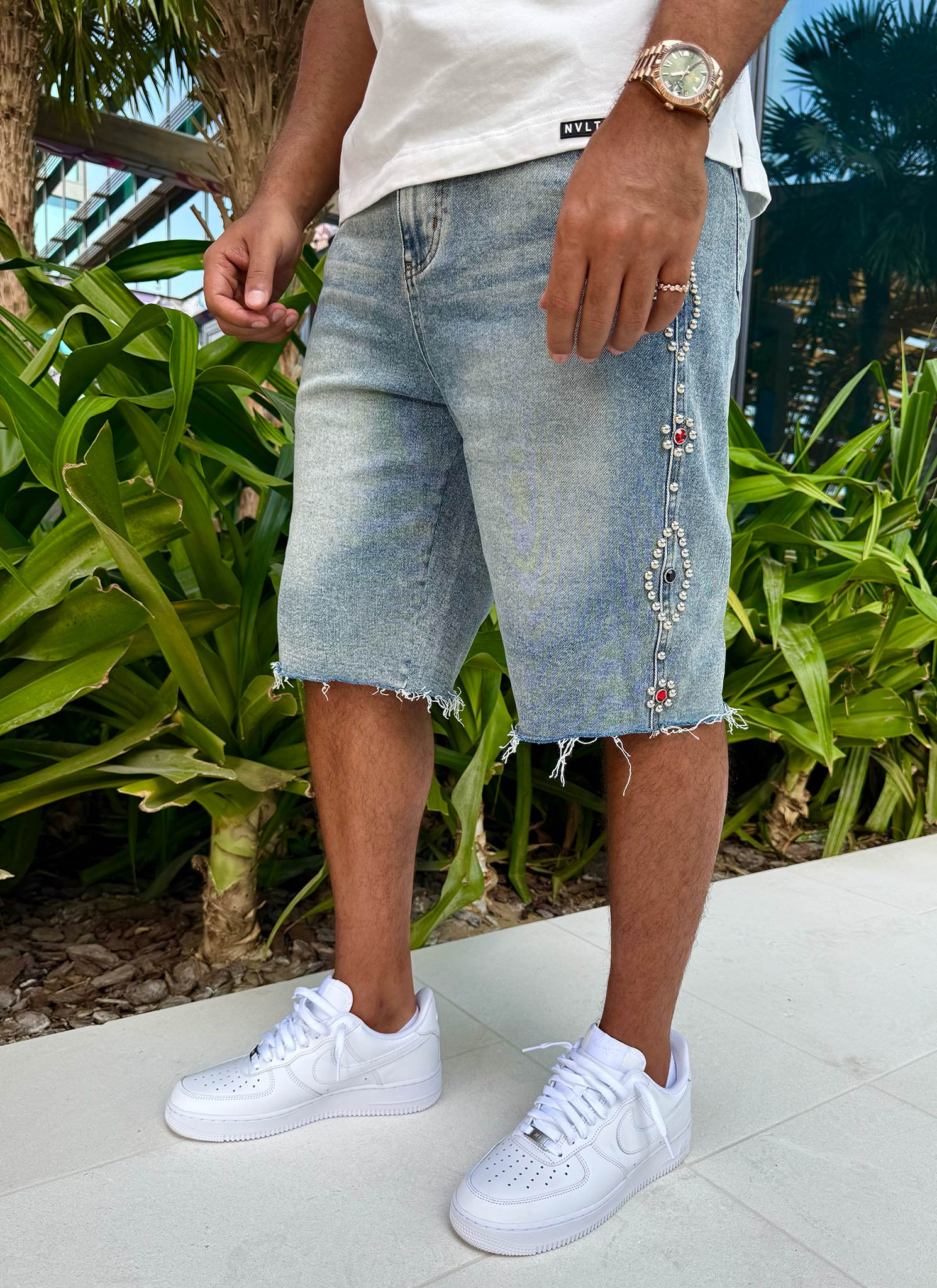 Vintage Studded Denim Shorts - Blue - Image 6