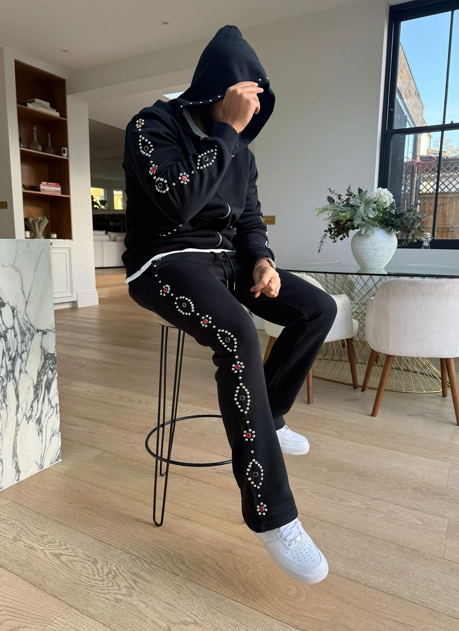Vintage Studded Zip Hoodie - Black - Image 10