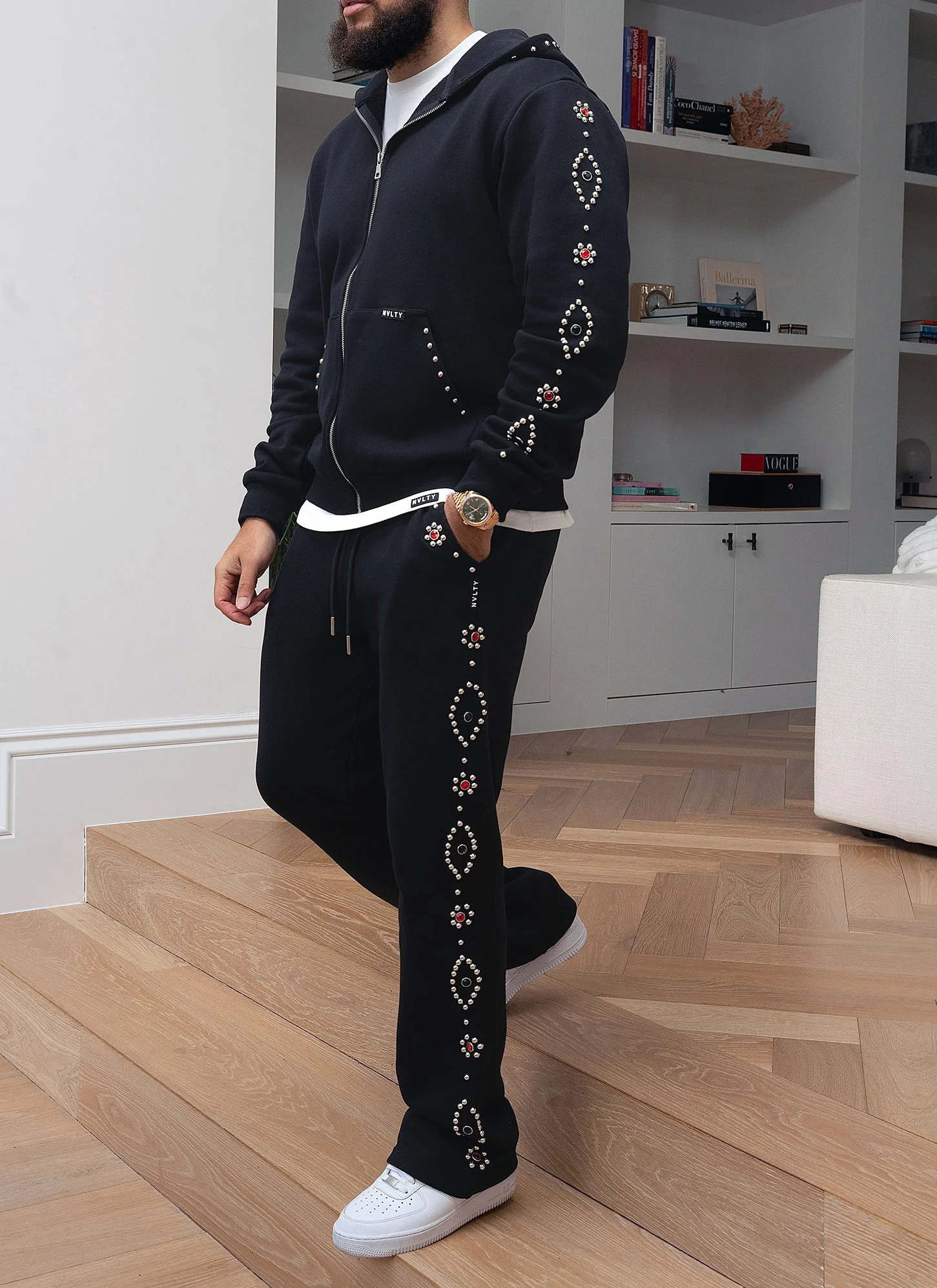 Vintage Studded Zip Hoodie - Black - Image 15