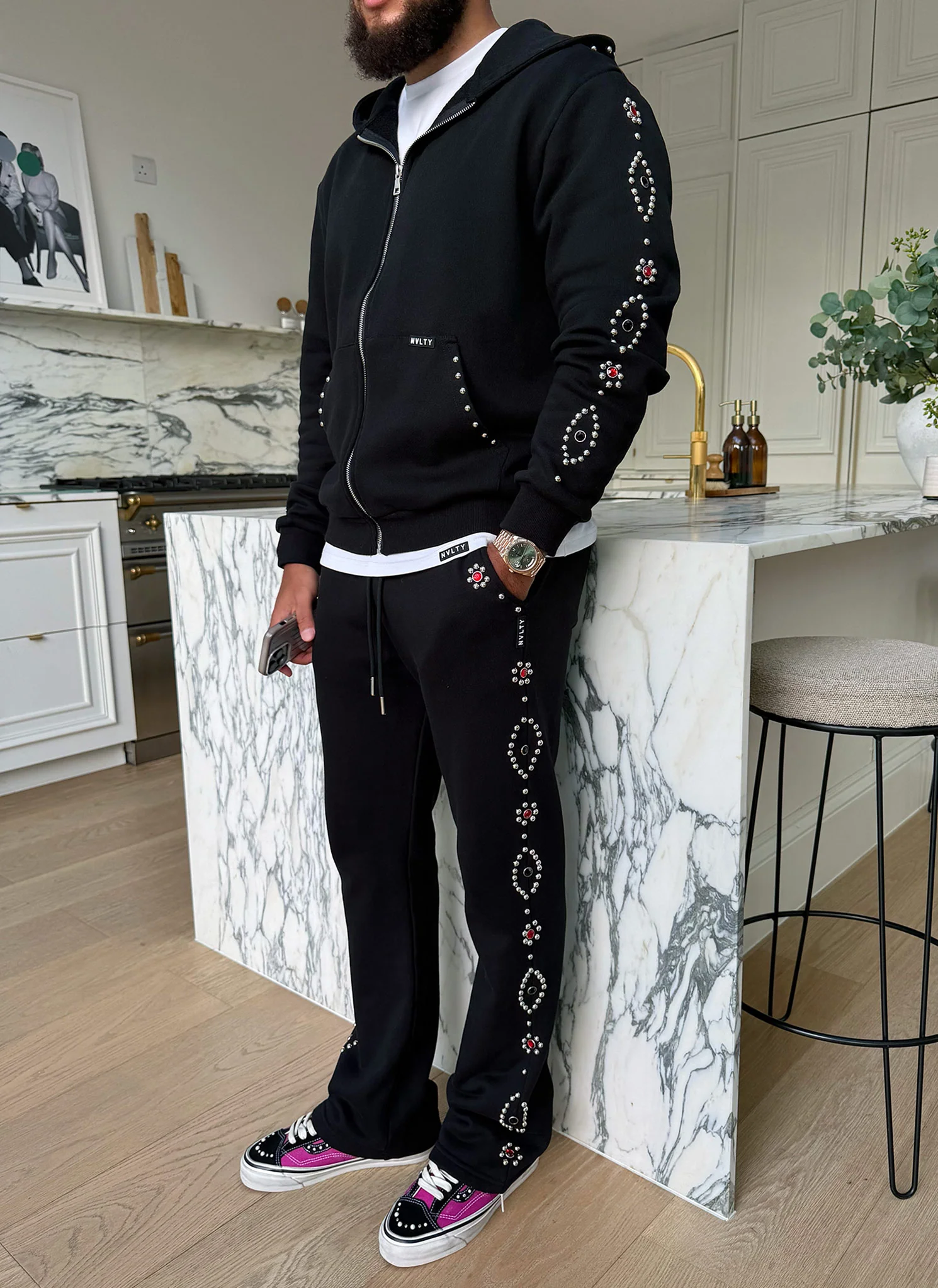 Vintage Studded Zip Hoodie - Black - Image 19