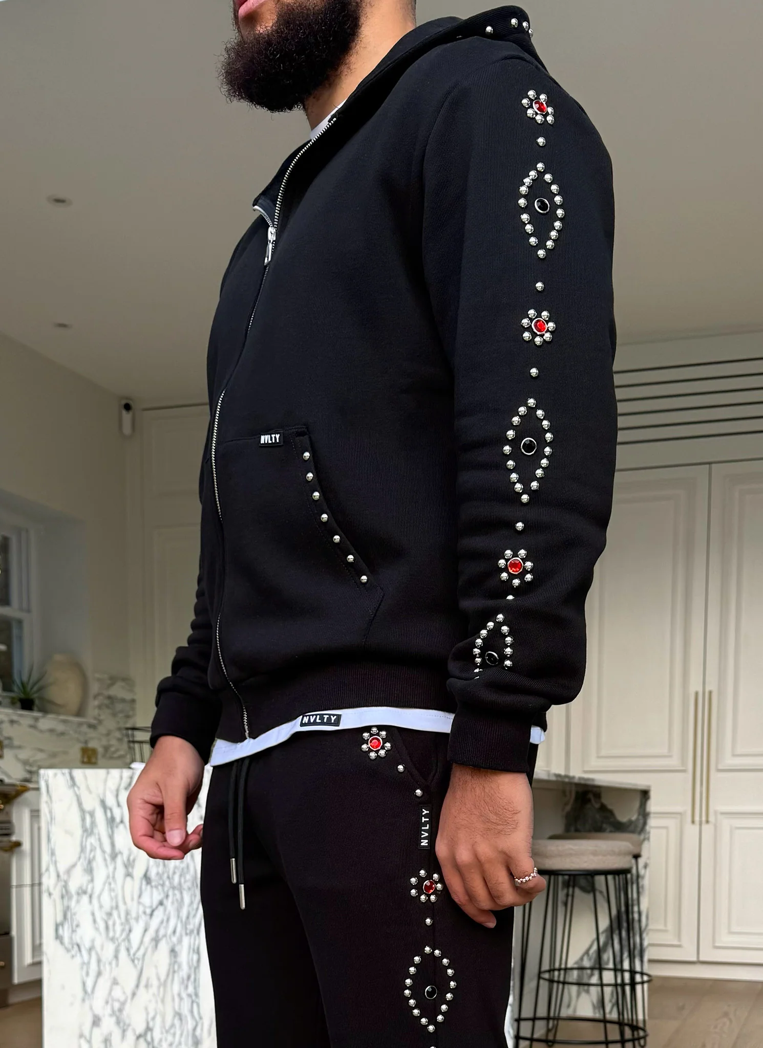 Vintage Studded Zip Hoodie - Black - Image 6