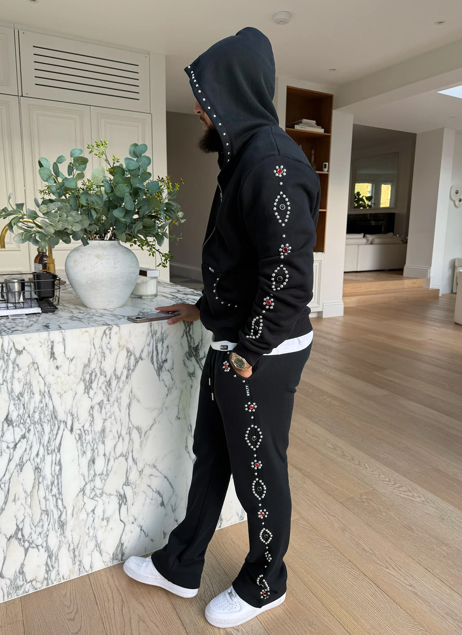 Vintage Studded Zip Hoodie - Black - Image 8
