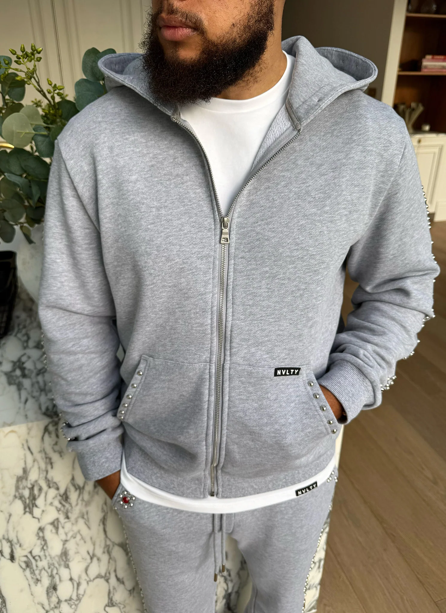 Vintage Studded Zip Hoodie - Grey - Image 11