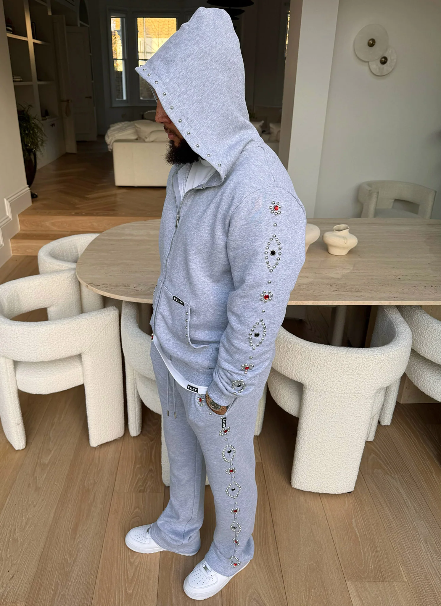 Vintage Studded Zip Hoodie - Grey - Image 2