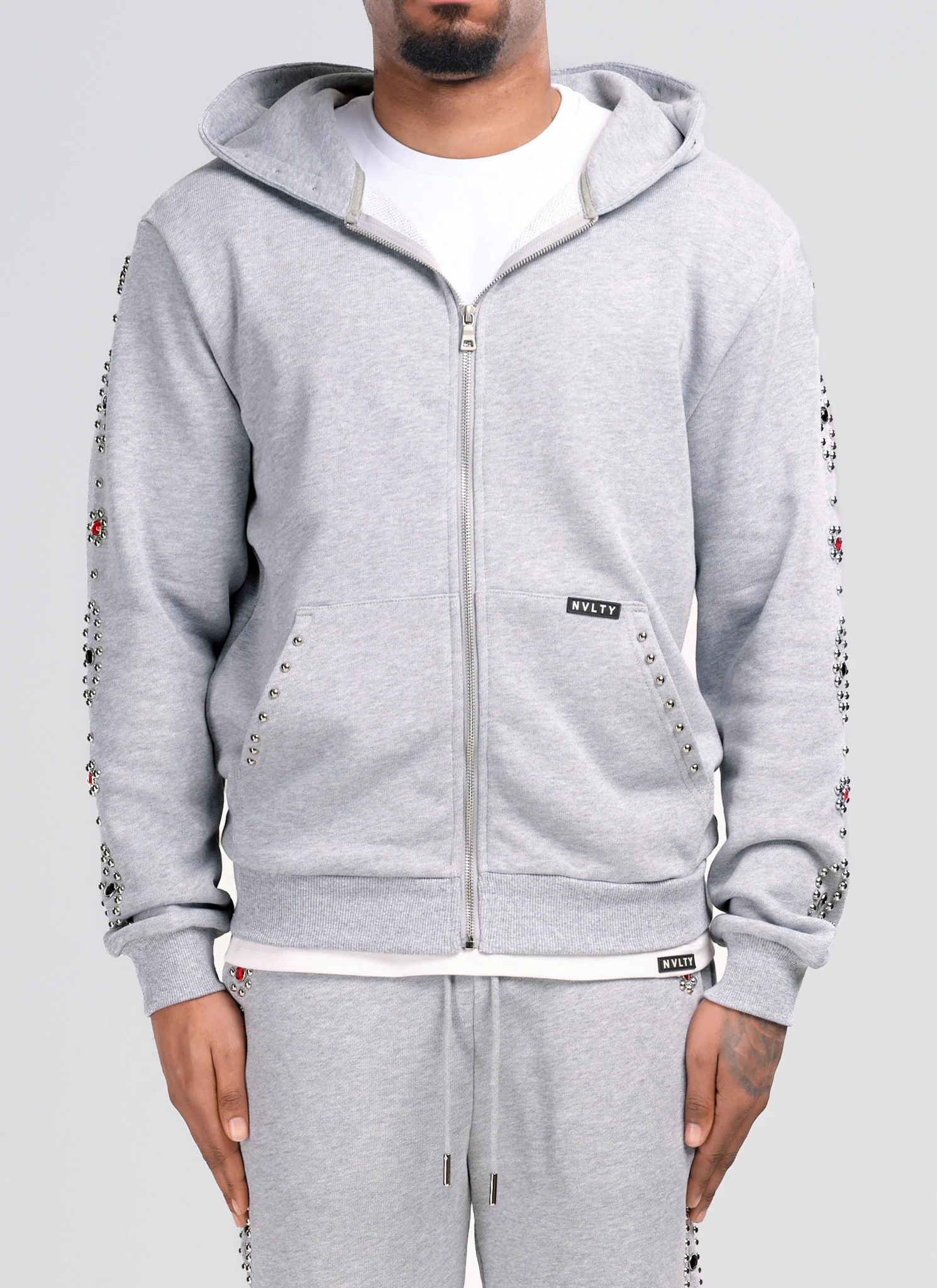Vintage Studded Zip Hoodie - Grey - Image 3