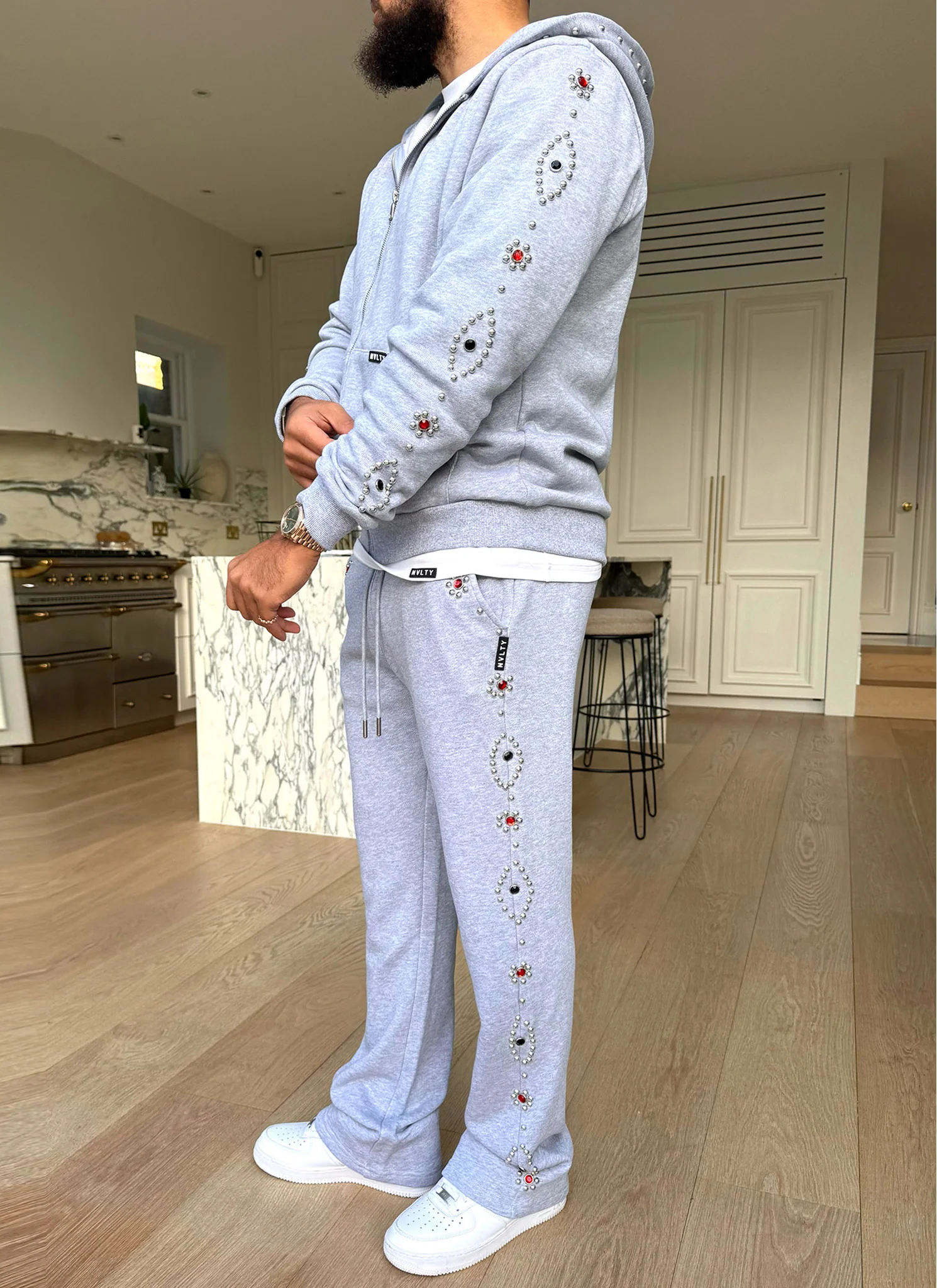 Vintage Studded Zip Hoodie - Grey - Image 4