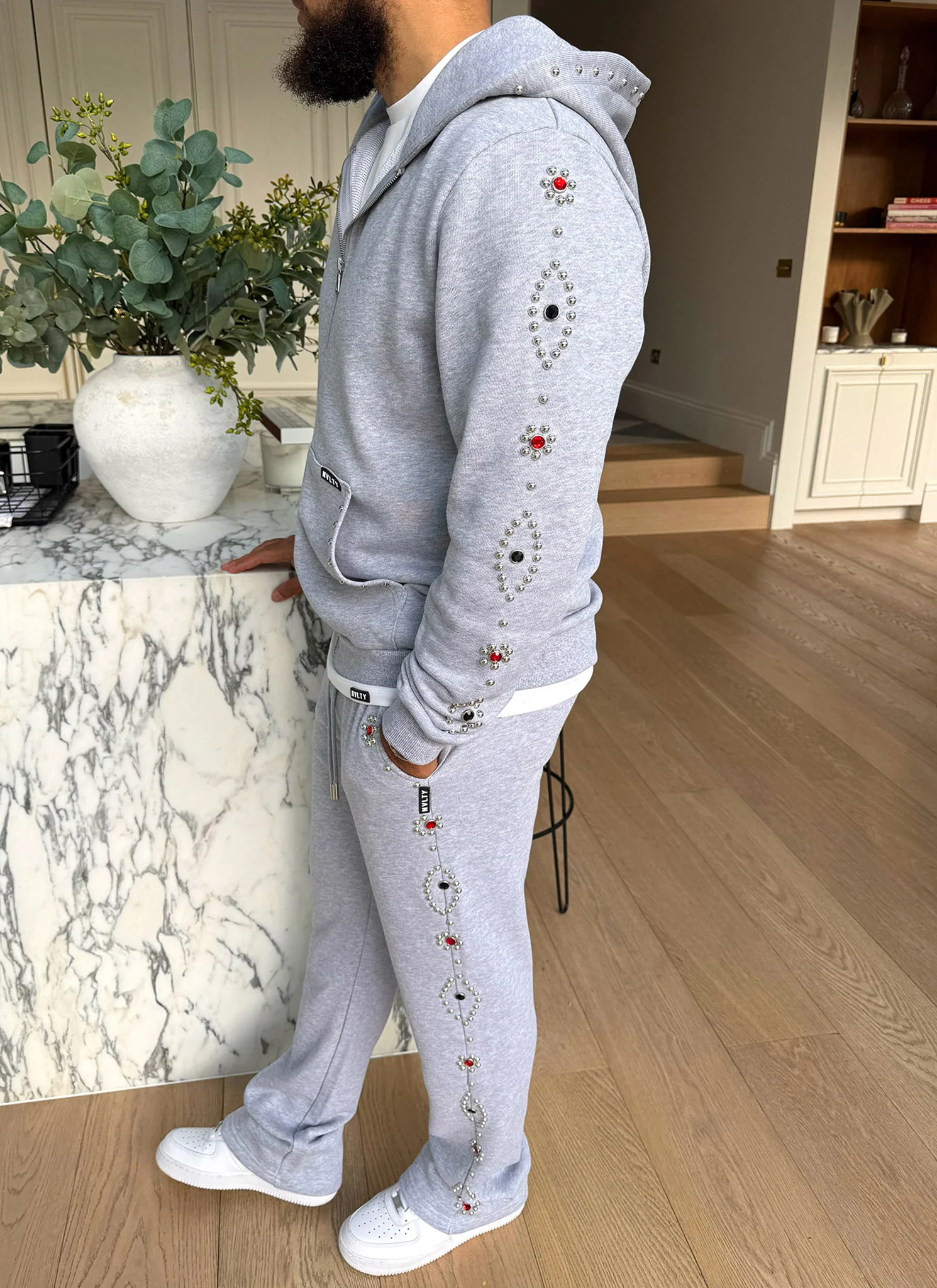 Vintage Studded Zip Hoodie - Grey - Image 7