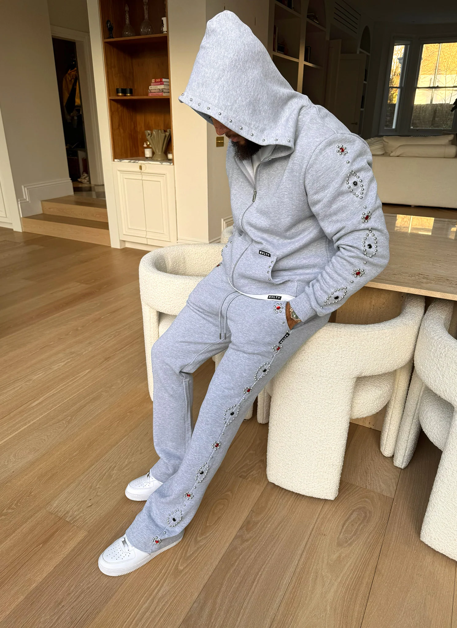 Vintage Studded Zip Hoodie - Grey - Image 8