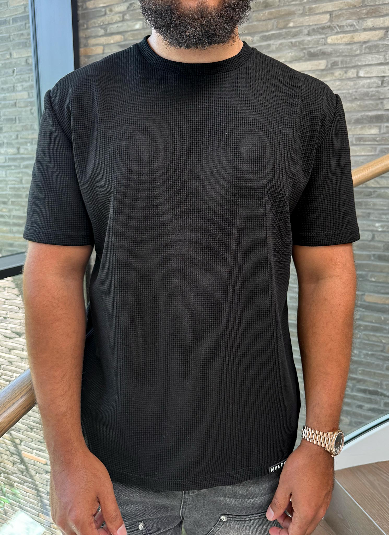 Waffle Fitted T-Shirt - Black - Image 4